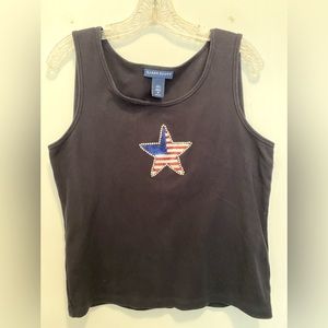 Used Karen Scott dark blue tee shirt embellished with red, white & blue star.
